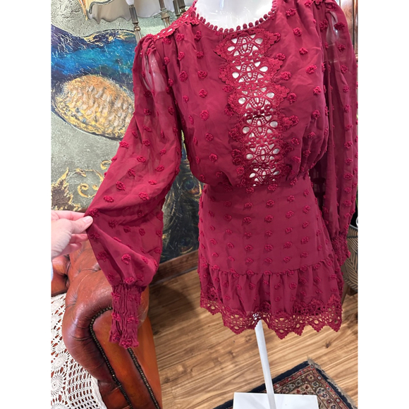 Lulus "Bohemian Dream" Burgundy Swiss dots and Lace Mini Dress - Picture 4 of 16